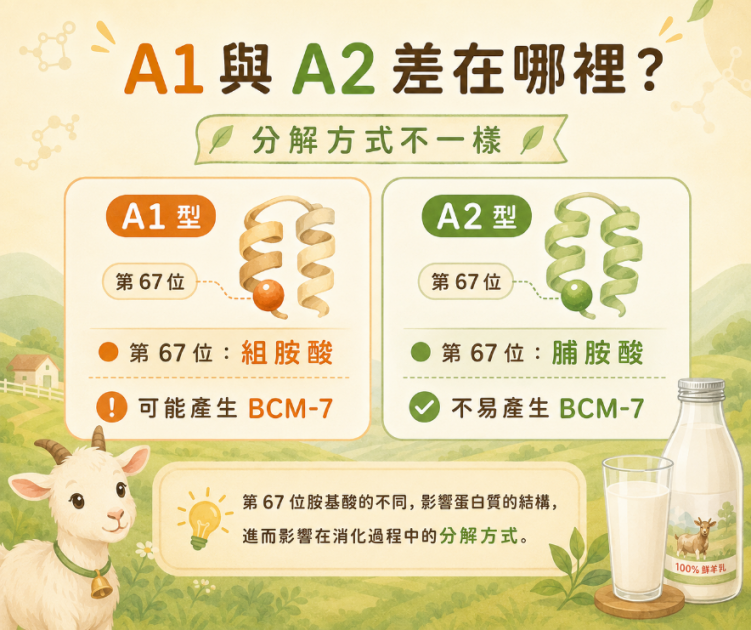 A1β-酪蛋白與 A2β-酪蛋白消化差異說明圖