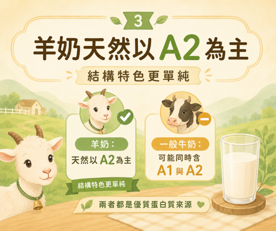 羊奶天然以 A2β-酪蛋白為主的結構特色說明圖