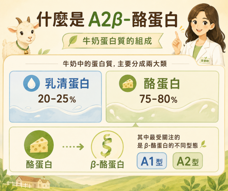 乳品中的酪蛋白與乳清蛋白組成說明圖